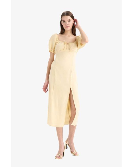 Defacto Natural A-Linien-Sommerkleid Mit V-Ausschnitt, Leinenmischung, Schlitz, Kurze Ärmel, Midi-Sommerkleid F0534Ax25Sm Für Damen
