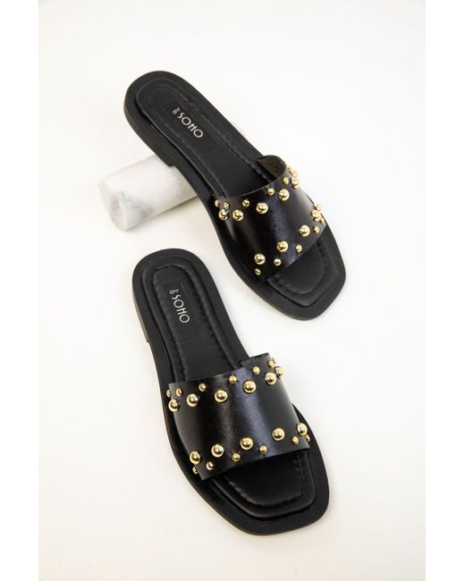 Soho Black Schwarze Hausschuhe Aus Echtem Leder Für Damen