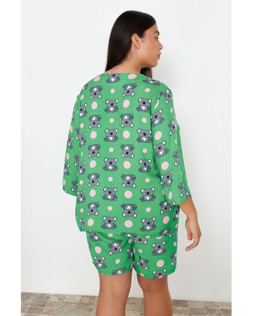 Trendyol Green Mintes pyjama-set mit v-ausschnitt und koala-muster