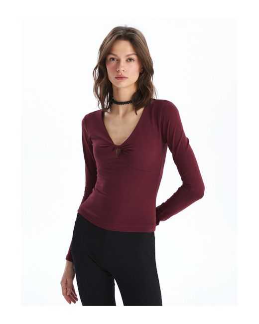 LC Waikiki Red Flache Bluse Mit V-Ausschnitt Und Langen Ärmeln Für Damen