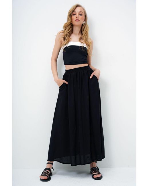 Trend Alaçatı Stili Black Schwarzer, Ausgestellter, Gewebter Rock Mit Zwei Taschen Für Damen
