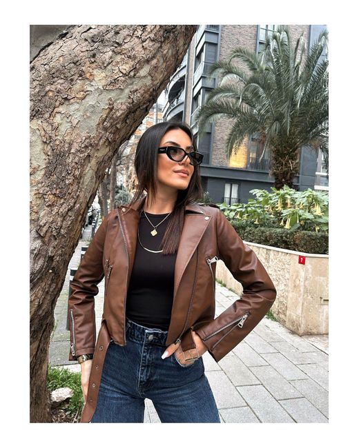 YERTEKS Brown Nahtlose Lederjacke Für Damen