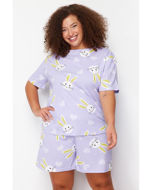 Trendyol Purple Farbenes pyjama-set aus single-jersey-strick in übergröße