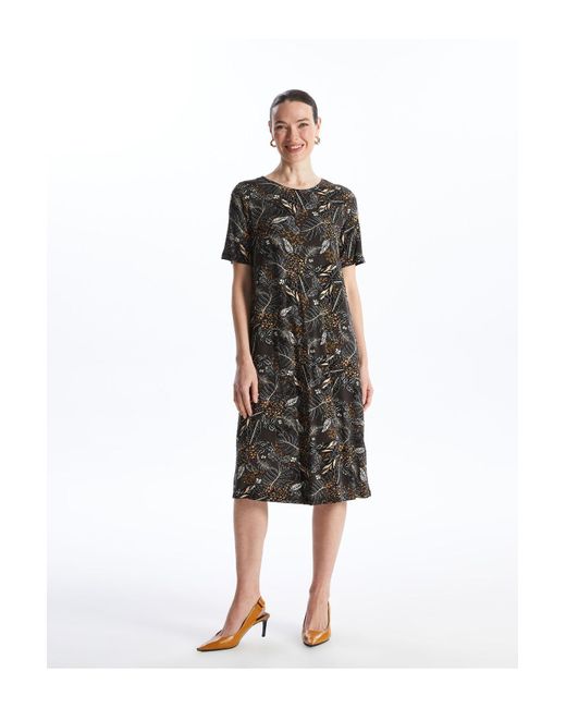 LC Waikiki Gray Gemustertes, Kurzärmliges Kleid Mit Rundhalsausschnitt Für Damen