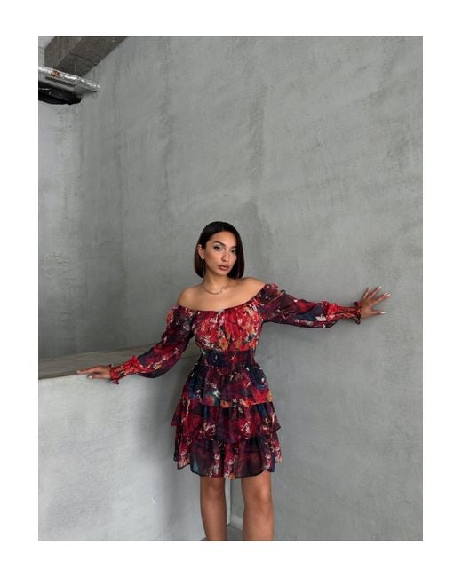 BEJNA Red Burgunderrotes Chiffonkleid Mit Gemustertem Rock Mit Quadratischem Kragen Und Lagenfutter Für Damen
