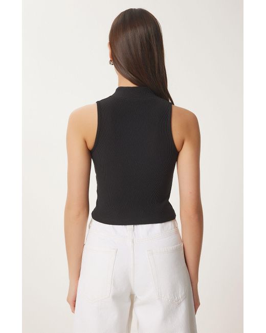 Happiness İstanbul Black Schwarze Gerippte Crop-Bluse Mit Reißverschluss Für Damen