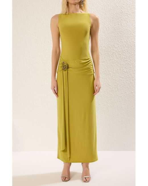 Trendyol Yellow Ölgrüne Rose Detailliertes Gestricktes, Stilvolles Maxi-Abendkleid Nacht-Mezuiat-Kleid Für Damen