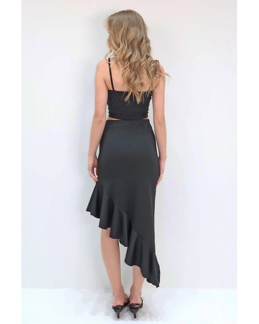 Trend Alaçatı Stili Black Schwarzer, Asymmetrisch Geschnittener Tauchrock Für Damen