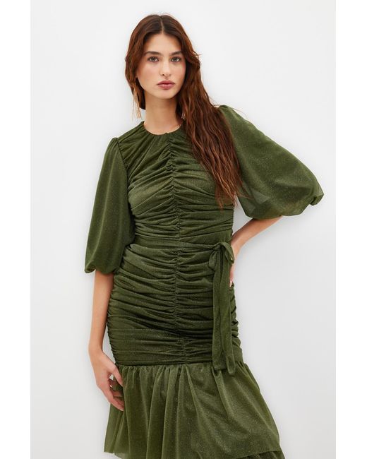 Trendyol Green Farbenes, langes, silbernes abendkleid mit rüschen und details