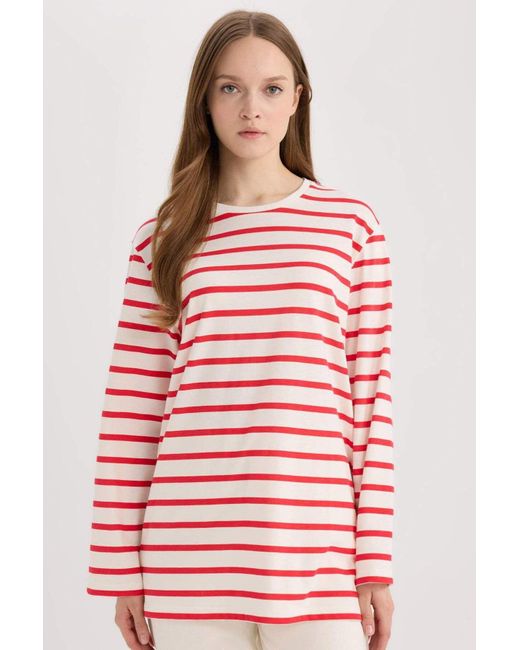 Defacto Blue Gestreifte Langarm-T-Shirt-Tunika Mit Normaler Passform Und Rundhalsausschnitt Für Damen