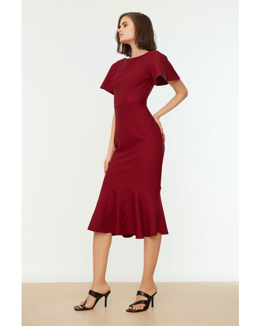 Trendyol Red Weinrotes Tailliertes/Flauschiges Midikleid Aus Webstoff Für Damen
