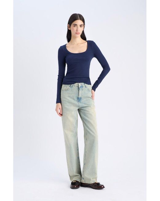 Defacto Blue Slim Fit Slim Fit Basic Plain Corded Camisole Langarm-T-Shirt Für Damen