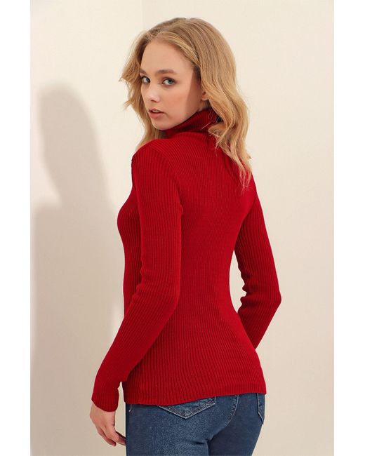 Trend Alaçatı Stili Red Burgunderroter Rollkragenpullover Aus Rippstrick Für Damen