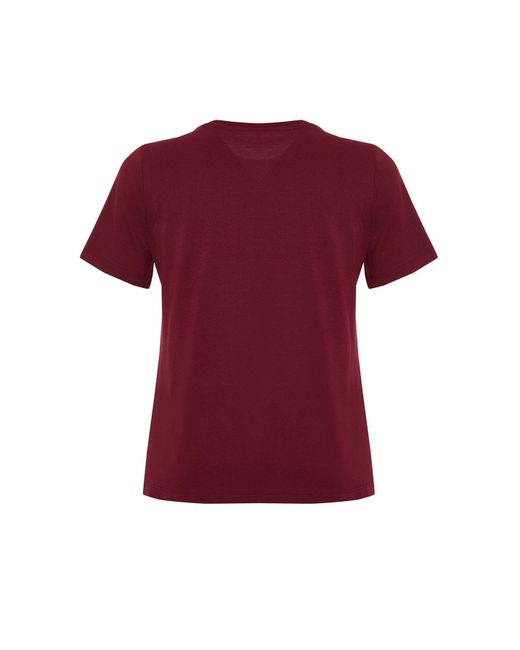 Trendyol Blue Weinrotes Strick-T-Shirt Mit Slogan-Aufdruck, 100 Baumwolle, Reguläre/Normale Passform Für Damen