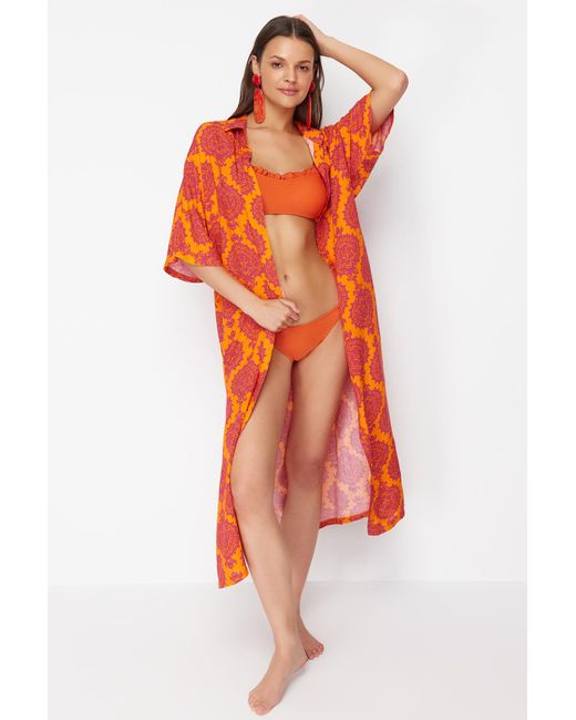 Trendyol Orange Midi-strandkleid aus gewebtem stoff mit weitem schnitt und ethnischem muster