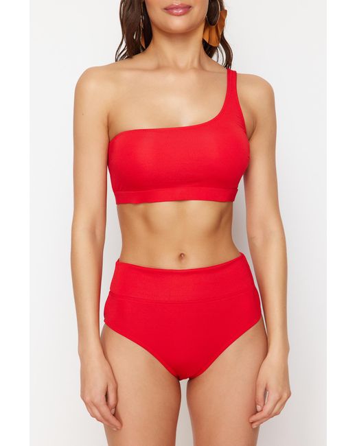 Trendyol Red Es one-shoulder-bikini-set mit hoher taille und normaler länge