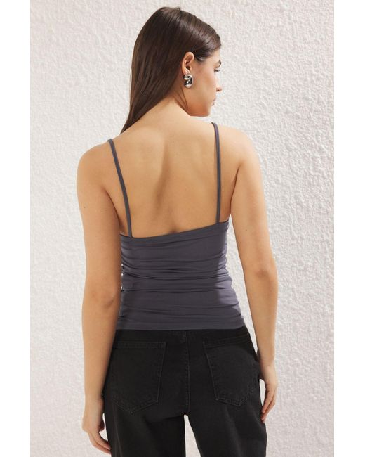 Trendyol Blue Anthrazitfarbene, Körperbetonte Bluse Mit Spitzendetail – Hosenträger, Für Damen
