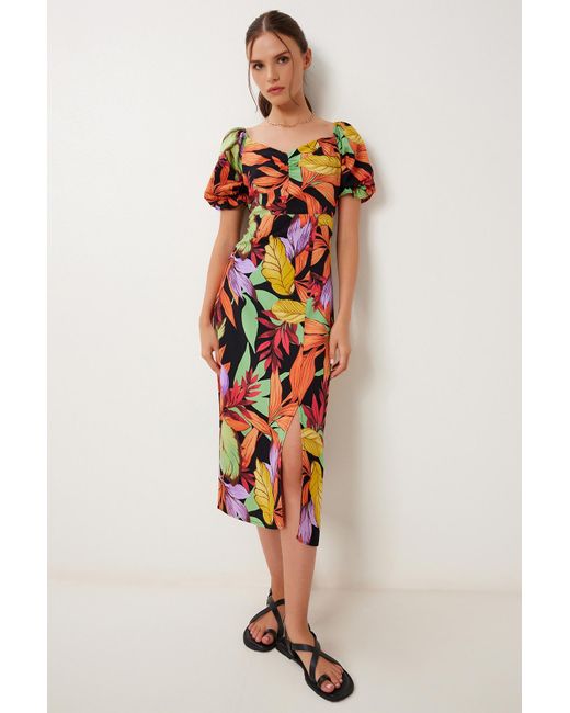 Happiness İstanbul Orangefarbenes, Schwarzes, Gemustertes Sommer-Viskosekleid Für Damen
