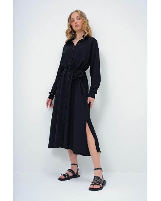 Trend Alaçatı Stili Blue Schwarzes, Gewebtes Viskose-Hemdkleid Für Damen
