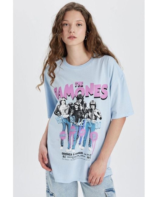 Defacto Blue Ramones Oversize Wide Fit Kurzarm-T-Shirt Mit Rundhalsausschnitt C3772Ax24Sm Für Damen