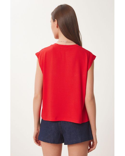 Happiness İstanbul Red Rotes Basic-Strick-T-Shirt Für Damen