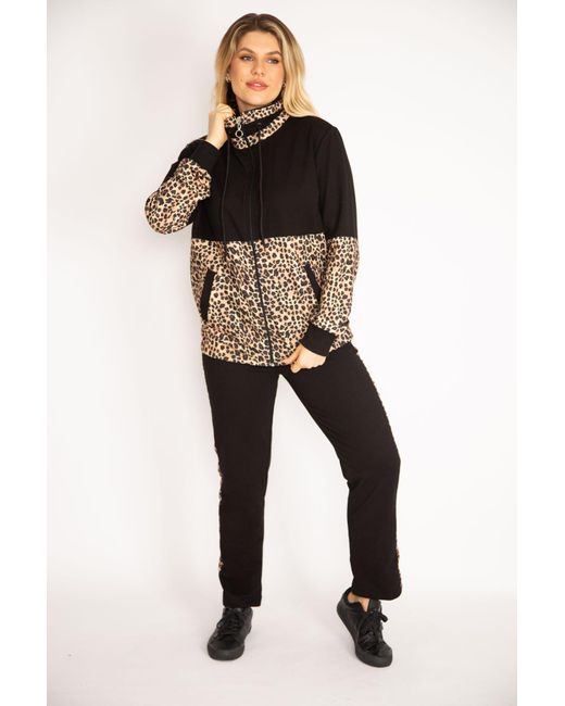 Şans Black Şans trainingsanzug-set mit sweatshirt und hose in großer größe mit leopardenmuster 65n35136