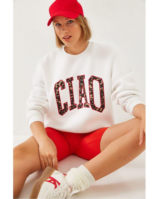 Bianco Lucci Red Sweatshirt Mit Dreifädigem, Erhabenem Leopardenmuster 6429 Für Damen