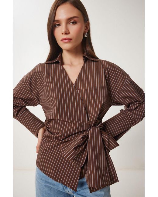 Happiness İstanbul Brown Gestreiftes Hemd Popeline-Bluse Für Damen