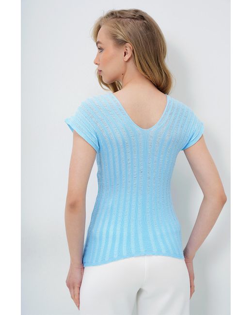 Trend Alaçatı Stili Blue Babyblaue Bluse Mit V-Ausschnitt Und Durchbrochenem V-Ausschnitt Vorne Und Hinten Für Damen