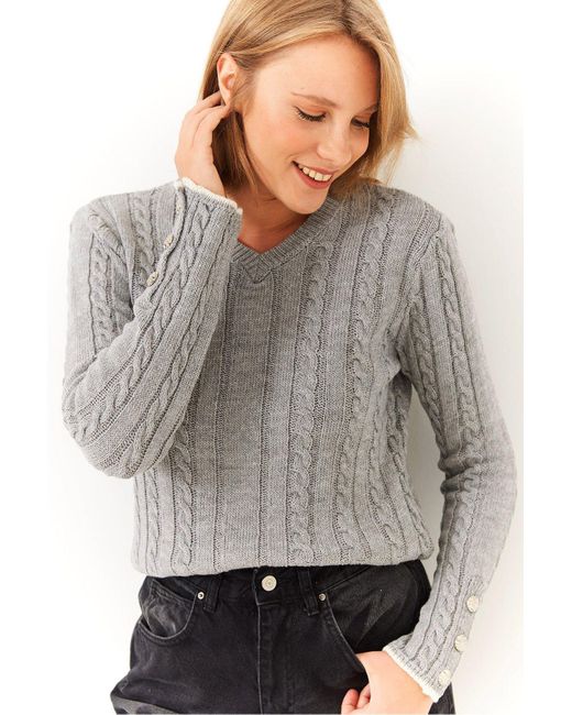 Bianco Lucci Gray Strickpullover Mit V-Ausschnitt Und Knopfdetail Für Damen