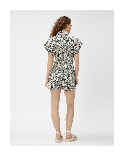 Koton Black Shorts, Overalls, Kurze Ärmel, Geknöpft, Ethnisch Gemustert, Taille Mit Gürtel Für Damen