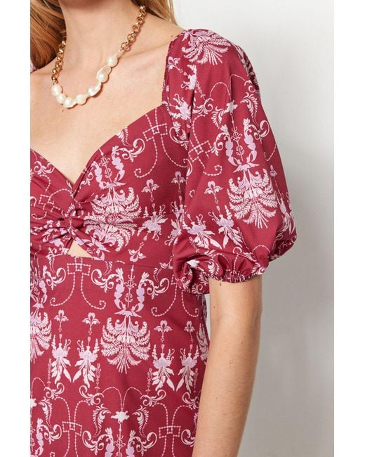 Trendyol Red Burgunderfarbenes, Gerade Geschnittenes, Gemustertes Mini-Baumwollkleid Mit Herzkragen Und Webmuster Für Damen