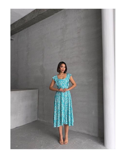 BEJNA Blue Türkisfarbenes, Gewebtes Sommerkleid Mit Blumenmuster Und Rüschendetails Für Damen