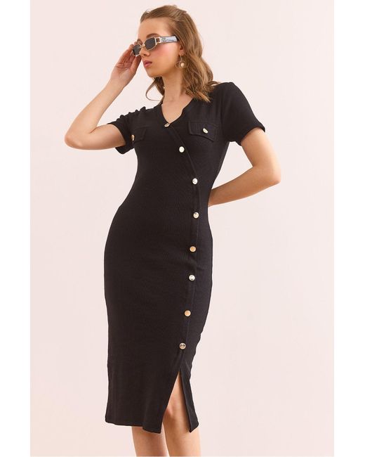 Olalook Black Schwarzes Kleid Aus Dehnbarer Baumwolle Mit Taschen Und Knopfdetails Elb- 19002363 Für Damen