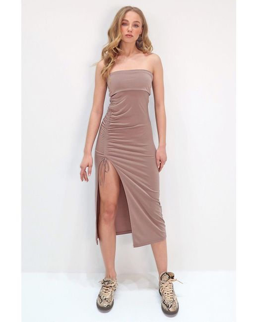 Trend Alaçatı Stili Brown Nerz Trägerloses, Verstellbares, Gerafftes, Detailliertes Kleid Für Damen