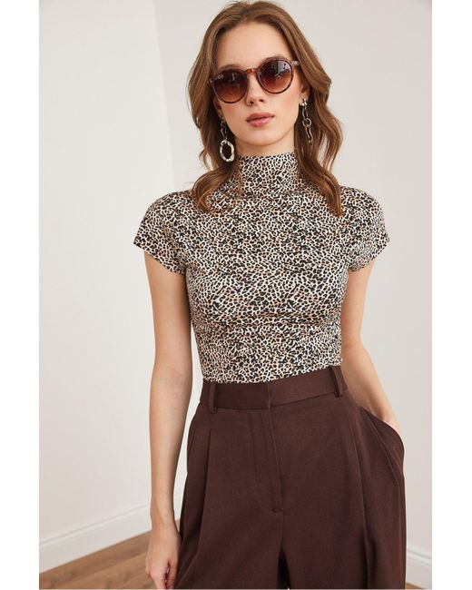 Olalook Brown Leopard Stone Stehkragen Fledermaus Crop Micro Bluse Blz- 19002873 Für Damen