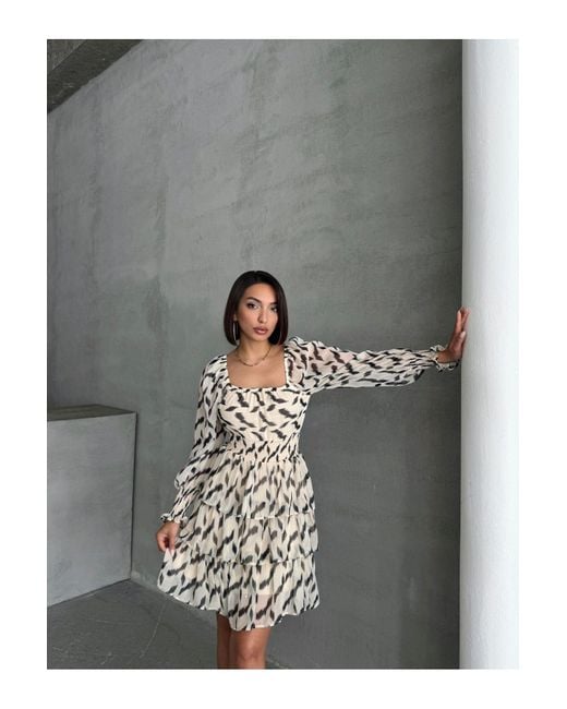 BEJNA Gray Cremefarbenes, Gemustertes Gipelli-Rock-Chiffonkleid Mit Mehrlagigem Futter Für Damen
