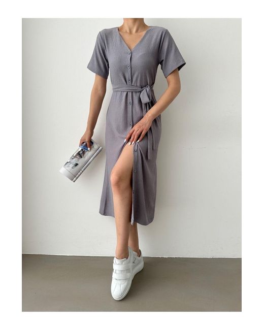 BEJNA Gray Graues Kleid Mit Knopfleiste Vorne Für Damen