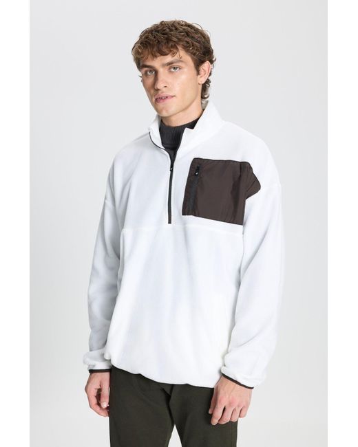 AC&Co / Altınyıldız Classics Weißes Oversize-Fleece-Sweatshirt – Stehender Bato-Kragen, Taschendetail, Reißverschluss, Kälteschutz Für Herren in White für Herren