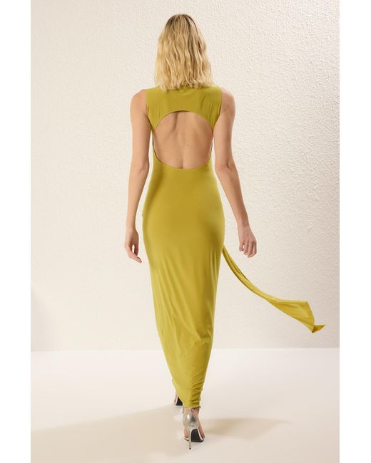 Trendyol Yellow Ölgrüne Rose Detailliertes Gestricktes, Stilvolles Maxi-Abendkleid Nacht-Mezuiat-Kleid Für Damen