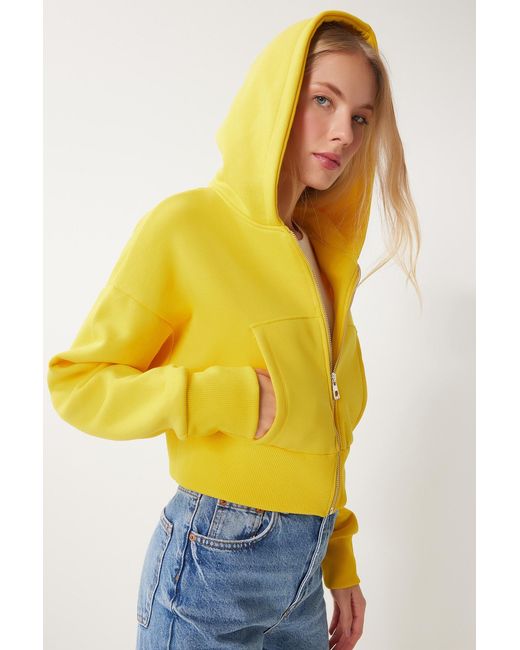 Happiness İstanbul Yellow Gelbes Sweatshirt Mit Kapuze Zipped Für Damen