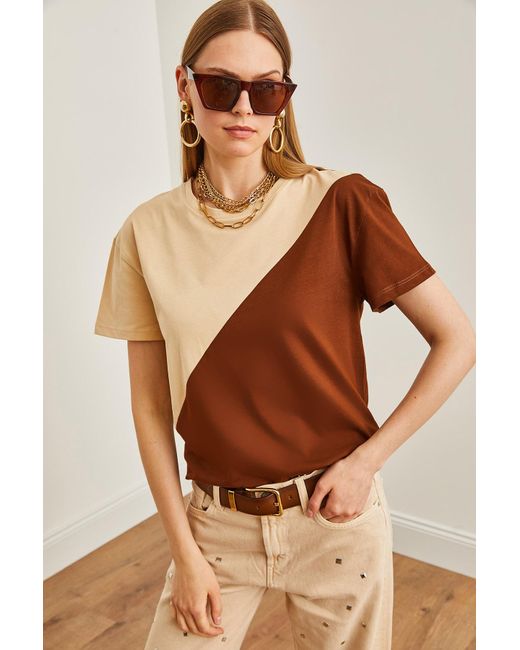 Olalook Brown Asymmetrisches block-t-shirt in steinbraun