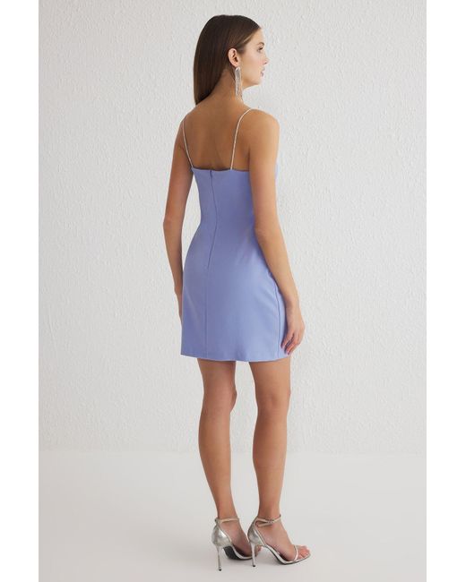 Trendyol Blue Hellblaues Kurzes Abendkleid Mit Steinaccessoires, Nachtabendkleid Für Damen