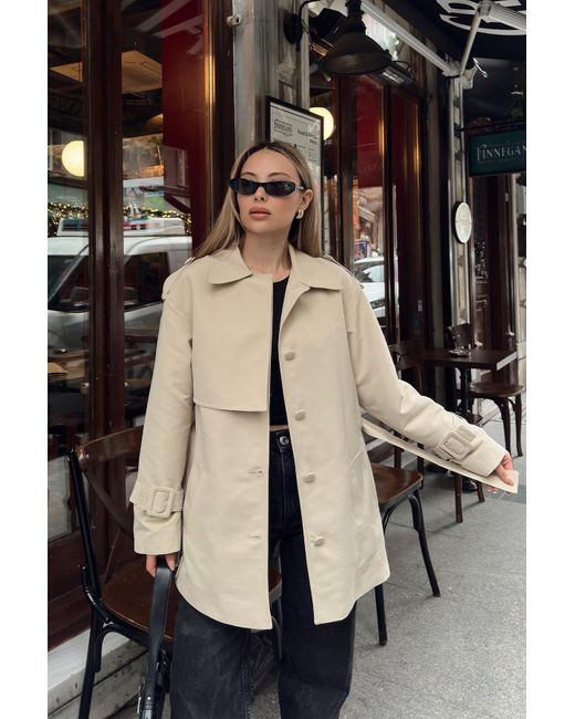 Olcay Black Gefütterter Kurzer Trenchcoat Mit Umhang Und Gürtel-Detail Bej Für Damen