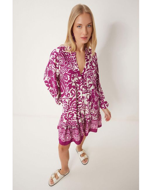 Happiness İstanbul Pink Hemdkleid Mit Pflaumencreme-Muster, Drapiert, Für Damen