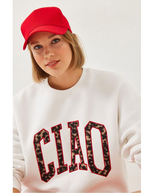 Bianco Lucci Red Sweatshirt Mit Dreifädigem, Erhabenem Leopardenmuster 6429 Für Damen