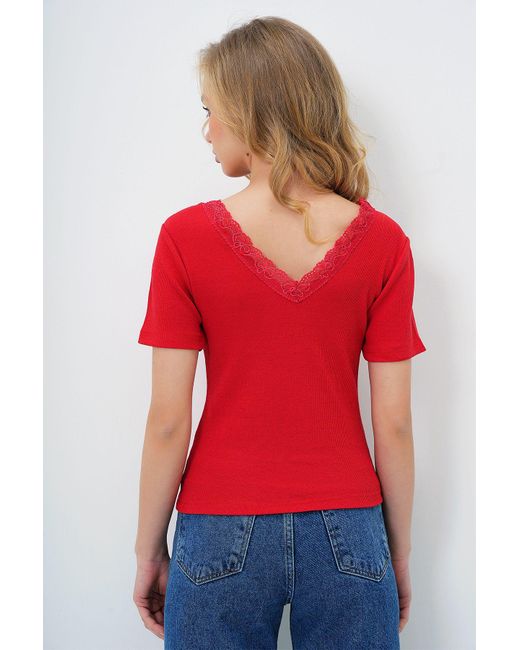 Trend Alaçatı Stili Red Rote Bluse Mit V-Ausschnitt Und Spitze Vorne Und Hinten, Kurzärmelig, Für Damen
