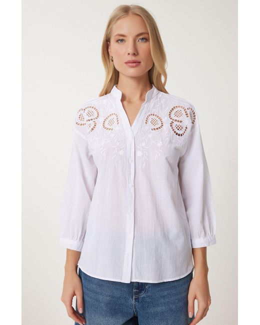 Happiness İstanbul White Weißes, Mit Jakobsmuscheln Besticktes, Gewebtes Hemd Für Damen