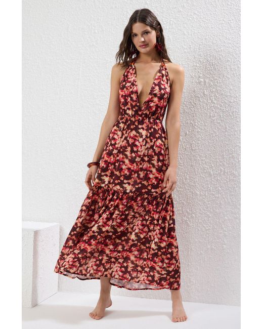 Trendyol Red Batikgemustertes Maxi-Strandkleid Mit Gewebten Accessoires Für Damen