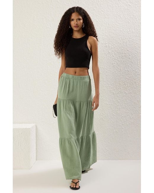 Trendyol Green Hellkhakifarbener Langer Maxirock Aus 100 Baumwoll-Musselin Für Damen